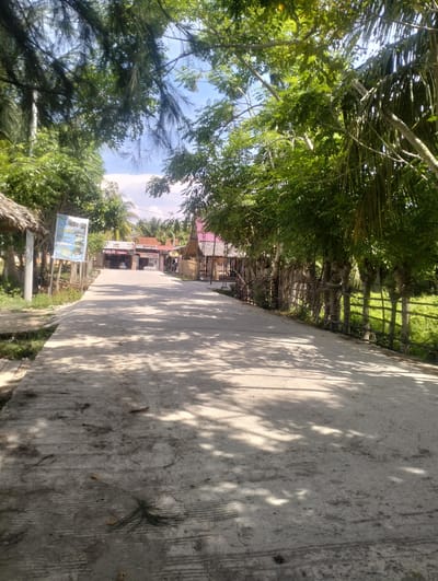 The image depicts a concrete pathway in Lancok, Indonesia, flanked by lush green vegetation and trees. On the left side of the path, there are thatched-roof structures and a sign board displaying "OPEN SWIMMING DAY WALKS". Further down the path, a row of buildings with varying roof colors, including red and orange, are visible. One building has "POLO" written on it. On the right side, a wooden fence separates the path from a grassy area, and more trees line the fence. The pathway is partially shaded by the trees, casting dappled shadows on the concrete. The sky is blue with scattered clouds. There are no people clearly visible in the image, though the presence of buildings suggests it is a populated area.