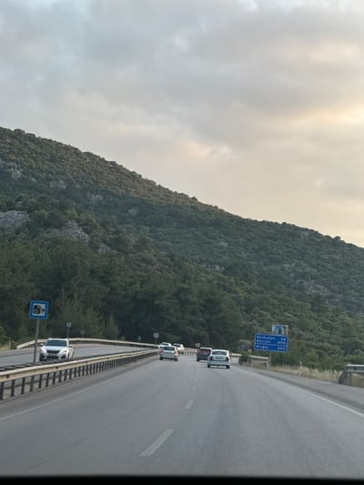 The image displays a multi-lane highway passing through a mountainous, heavily vegetated region under an overcast sky. The scene is located in the Döşemealtı district of Antalya, Turkey, as indicated by a prominent road sign directing towards Korkuteli (36 km), Denizli (200 km), and Muğla (290 km).
From the perspective of a vehicle, possibly the front passenger seat, the bottom edge of the image shows a portion of the vehicle's interior. The asphalt highway occupies the midground, featuring painted lane markings. Metal guardrails line the left side of the main highway, which runs parallel to an elevated road section or ramp, separated by a concrete barrier topped with an additional guardrail.
Several vehicles are observed on the road. On the elevated ramp to the left, a white Peugeot 308 is visible, with a license plate partially obscured but beginning with "07". Further down the main highway, a silver sedan is in the right lane, followed by a dark-colored vehicle and other indeterminate vehicles in the distance.
Two blue traffic signs are prominent. On the left, a square blue sign with a white border displays a white camera icon, indicating a traffic or speed camera zone. On the right, a rectangular blue directional sign provides the aforementioned distances to Korkuteli, Denizli, and Muğla. Above this sign, a smaller, indistinct billboard with a multi-colored image is partially visible.
The background is dominated by steep mountains covered in dense green foliage and scattered rock formations. The sky is largely overcast with grey clouds, showing a subtle yellowish hue towards the upper right, suggestive of either sunrise or sunset light.