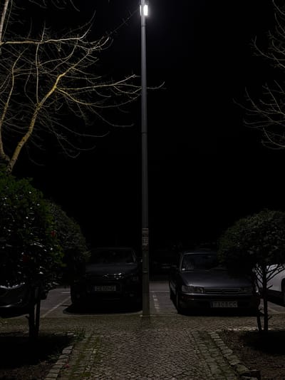 A night scene shows parked cars under a street lamp. The cars are dark in color and parked on a cobblestone surface. Bushes flank the cars, and bare tree branches extend into the upper left corner. The street lamp casts a bright light, contrasting with the surrounding darkness. The image is oriented sideways, with the street lamp positioned horizontally across the frame.