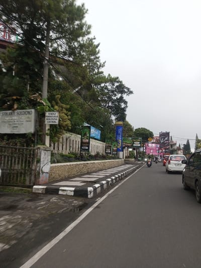 This image depicts an overcast street scene in the city of Chagzam_Pam, Bhutan, viewed from a low angle looking down a road. On the left, a raised sidewalk section with black and white striped curbs transitions from a wet asphalt area. Behind the sidewalk, a low, light-colored brick retaining wall runs horizontally, topped by a fence and landscaped foliage. A grey concrete utility pole, strung with multiple black wires, stands prominently in the mid-left. Attached to the pole are two signs: a white rectangular sign displaying "SRIKANTI SOEDIONO" at the top, and a yellow rectangular sign below it stating "TEMPAT PEMBAYARAN REKENING LISTRIK." Further along the retaining wall, several vertical advertising banners are visible, including a prominent blue banner with "BANK MANDIRI INTERNASIONAL" and green banners featuring imagery and text. Dense green trees and foliage line the elevated terrain behind the wall, partially obscuring a building with a red roof and white facade.
The asphalt road occupies the center and right side of the frame, appearing to have multiple lanes. Traffic is present, with a dark-colored vehicle partially visible on the far right. Further down the road, a white sedan is clearly visible, followed by a red vehicle and at least two motorcycles. One motorcycle rider is discernible. In the background, additional buildings line the street, including a pink structure and one featuring a large "LA" sign. The sky is uniformly overcast, providing diffused light to the scene.