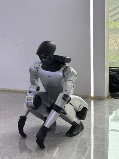 A silver-colored humanoid robot is lying prone on a light gray textured surface, with its head facing left. The robot has black appendages at its hands and feet, and a black helmet-like structure on its head. A gray wall is behind the robot, and there is a window in the background showing greenery. The location is unknown, China.
