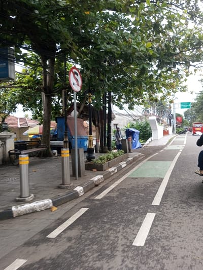 The scene is an urban street in Kodarapalli, India, viewed from a slightly elevated position. The asphalt road in the foreground features white dashed lane markings and a green-painted bicycle lane identified by a white bicycle symbol. A black and white striped curb separates the road from a grey paved sidewalk.
On the sidewalk, two stainless steel bollards with yellow reflective caps are present, followed by a brown wooden bench and a dark trash receptacle. A large tree with visible roots rises from the sidewalk. Multiple ornate black street lamps with gold accents and a linear planter containing green foliage are aligned along the sidewalk. A red circular "No Parking" sign, featuring a white 'P' with a diagonal line, is mounted on a pole. Behind these elements, a blue container with a sloped brown roof is visible. A person, dressed in a light-colored top and dark pants, stands next to a blue tarp-covered object. Overhead utility lines are prominent throughout the upper left section.
In the midground on the right, a white decorative fence or gate structure is visible. Above it, a green overhead directional sign displays white text, including "Terminal Purabaya" and "Jalan Raya," accompanied by directional arrows. A red rectangular commercial sign is positioned below the green sign. A red vehicle is present in the distant background on the road, and the lower legs of a person on a motorcycle or scooter are visible in the immediate right foreground on the road. Dense green tree foliage heavily overhangs the entire scene.