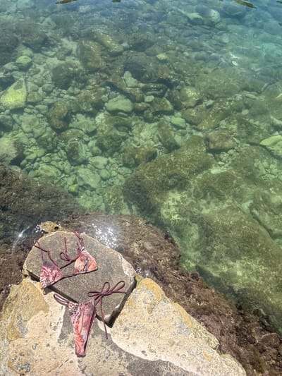 A high-angle medium shot captures a bikini laid out on a sun-drenched rock formation overlooking clear, turquoise waters in Mellieħa, Malta. The bikini, featuring a snake-print pattern in shades of pink, orange, and brown, is placed on a large, light-colored rock. The top piece is positioned to the left, and the bottom piece lies below it, with its strings tied in a bow. The surrounding rocks are textured and appear wet near the water's edge, which is partially covered in dark algae. The water is remarkably clear, revealing a rocky seabed with various-sized stones and patches of green algae. Sunlight glints off the water's surface, creating sparkling highlights. The scene is devoid of any people, suggesting a moment of quiet solitude by the sea.