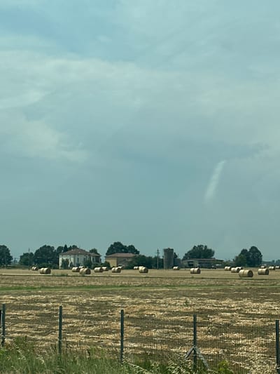The image depicts a rural landscape on a cloudy day. In the foreground, a wire fence runs horizontally across the frame, with tall grass and foliage in front of it. Beyond the fence, a field is covered in dry stubble, indicative of a harvested crop, with several rows of cylindrical hay bales scattered across it. In the middle ground, a cluster of buildings can be seen, including a two-story house with a red-tiled roof and other farm structures. Trees line the background, separating the field from the sky. The sky is overcast with a pale, diffused light, and a faint, wispy cloud formation is visible. The scene is devoid of any human activity. This is a typical agricultural setting in Polignano, Italy.