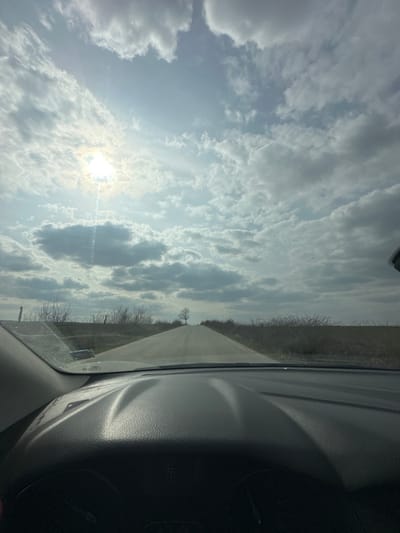 The image presents a forward-facing view from inside a vehicle, looking over the black, textured dashboard and through the windshield onto a rural landscape. A straight, light-colored road, appearing unpaved or lightly graveled, extends from the foreground directly into the distant horizon. On both sides of the road, the terrain consists of flat fields populated with sparse, bare deciduous vegetation, suggesting a dormant season. Centered on the distant horizon, a solitary, bare tree stands distinctly against the sky. The sky is largely covered by a broken layer of stratocumulus clouds. The sun, partially obscured by clouds, is positioned in the upper left quadrant of the sky, emitting a strong glare and a vertical lens flare. A digital display on the vehicle's dashboard faintly shows the number "75". No individuals are visible. This scene is situated in the city of Chernoglavtsi, Bulgaria.
