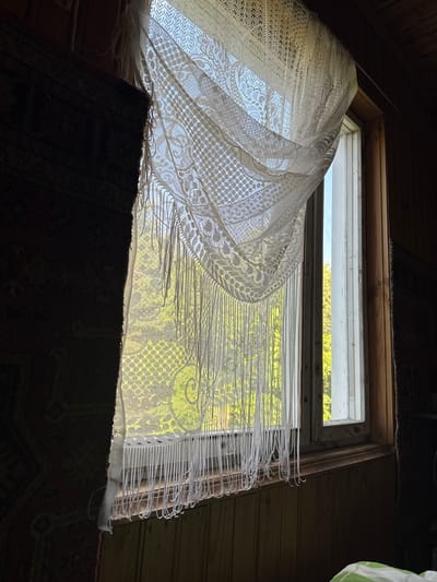 A close-up shot shows a window covered by a white lace curtain with fringe, allowing sunlight to filter through. The window overlooks an outdoor area with green foliage. To the left of the window, a dark, textured fabric, possibly a rug or tapestry, hangs partially covering the wall. The interior walls are paneled with light-colored wood. The scene appears to be indoors, within a room in Благовское Снт, Russia, likely a residential setting.