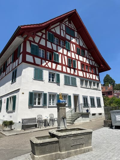 The image shows a timber-framed building with red trim and white infill, a common architectural style in many Swiss towns, including Wald (ZH). The building has a steeply pitched red roof and numerous green shutters on its windows. In front of the building, there is a stone fountain with a lion statue on top and a sign that reads "Löwenplatz". To the left of the fountain, there is a wooden bench and a small table with two chairs. To the right of the building, there is a large metal waste bin. The scene is set on a sunny day, with a clear blue sky overhead. The pavement in the foreground is made of cobblestones. The overall impression is of a quaint and well-maintained public space in a Swiss town.