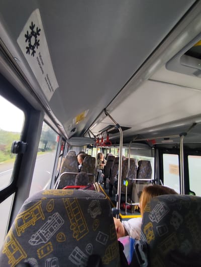 The image is taken from inside a bus, looking forward. The bus is in motion as evidenced by the motion blur visible through the windows. The interior of the bus is seen, with rows of seats and overhead compartments. Some passengers are visible, including a child asleep in the foreground and other passengers seated further back. A sign with a snowflake symbol and Russian text is visible on the ceiling, indicating that the air conditioning is on. The seats are upholstered with a dark fabric featuring a yellow and white pattern of bus illustrations. The environment outside the bus appears to be green and natural, suggesting it is outside of a dense urban area. The location is identified as Raiki, Russia.