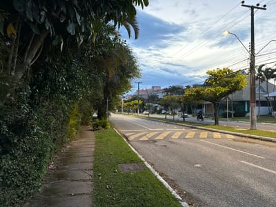 The image depicts a street scene in Florianópolis, Brazil, characterized by a paved road with lane markings and a pedestrian crossing with yellow stripes. On the left, a sidewalk is bordered by a dense, dark green hedge and trees, with a pathway made of large, irregular stone slabs. On the right side of the road, there is a grassy area with trees, houses, and power lines overhead. A street lamp is illuminated. A motorcycle is visible on the road, heading away from the camera. The sky is overcast with clouds. The overall impression is that of a residential street during daylight hours.