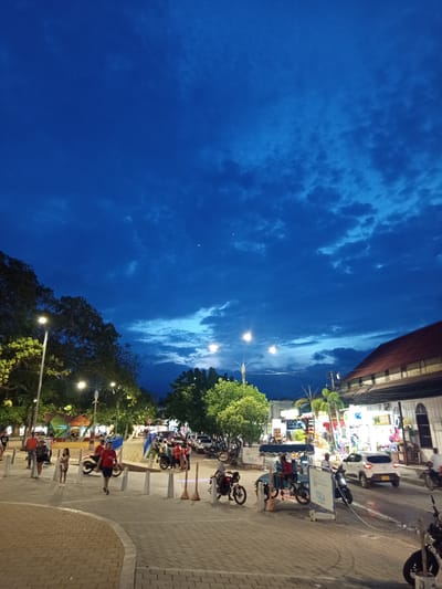 This is a vertical, eye-level, outdoor photograph taken at dusk in the city of Tolú, Colombia. The sky is a deep, dark blue with scattered, wispy clouds. The scene depicts a busy street with people, vehicles, and buildings.
In the foreground, a cobblestone walkway curves to the left. Several white bollards are placed along the edge of the walkway. On the right side of the walkway, two wooden posts are visible.
Further back, on the street, there are several people walking. Some are wearing casual clothing, while others appear to be tourists. There are several motorcycles parked along the street, and a few are in motion. One person is riding a bicycle. A white car is driving down the street, and a light blue, covered tricycle is parked on the right side of the street. Signs for "TOLI" are visible on the side of the tricycle and on a white signpost.
On the left side of the street, there are large trees with bright green leaves, illuminated by streetlights. The buildings lining the street have various signs, many of which are lit up, suggesting shops or restaurants. One building on the right has a distinctive red-tiled roof. The overall impression is a lively evening scene in a coastal town.