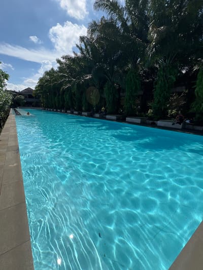 The image captures a long, rectangular swimming pool filled with clear, blue water reflecting sunlight. The pool is bordered by stone tiles. Adjacent to the pool are tall, green trees that appear to be lining the pool's edge, some with the sky and clouds visible through their branches. The location is Petulu, Indonesia. A few people are faintly visible near the edge of the pool. A building is visible in the background.