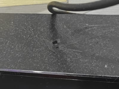 The image shows a close-up of a dark, textured surface, possibly the lid of an electronic device. The surface is covered in a fine layer of dust and has several visible scratches. A prominent scratch pattern, resembling a stylized wing or claw mark, is etched into the surface. In the upper portion of the image, a dark, curved cable or hose is visible, resting on the surface. The background is out of focus, appearing as a light-colored, textured horizontal band. The scene is devoid of any recognizable city landmarks or elements specific to Bugulma, Russia.