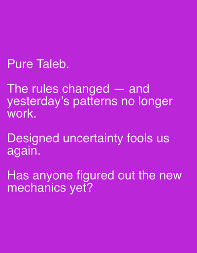 The image is a photograph of a purple background with white text. The text reads:
Pure Taleb.
The rules changed — and
yesterday's patterns no longer
work.
Designed uncertainty fools us
again.
Has anyone figured out the new
mechanics yet?
The photograph does not contain any information about the city of Even Yehuda, Israel, or any other location. There are no people, subjects, objects, actions, or interactions depicted in the image. The environment is simply a plain purple background.