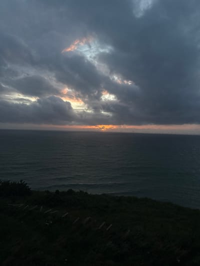 The image, rotated 90 degrees clockwise, depicts a dramatic coastal scene during either sunrise or sunset. The sky, occupying the upper portion, is heavily overcast with dark, voluminous storm clouds. Patches of warm, golden-orange and bright white light break through the clouds, particularly towards the horizon, illuminating their undersides and edges.
Below the cloud-filled sky, a distinct horizon line separates it from the vast, dark expanse of the ocean. The water appears choppy with visible ripples and waves. Along the horizon, a long line of offshore wind turbines is clearly silhouetted against the brighter light, indicating an offshore wind farm.
On the right side of the image, the dark, shadowy outline of land, likely a cliff or elevated coastline, is visible. It is covered in dense, dark green grass and some indistinct foliage. Within the grassy area, several elongated, light-colored objects appear to be wooden stakes or posts, possibly remnants of a fence or structure. No human activity or identifiable people are present.
The notable details include the striking contrast between the dark, heavy clouds and the intense, warm light from the low sun. The weather appears turbulent but beautiful. Given the location context of Fécamp, France, the offshore wind farm is a significant and recognizable feature. There is no visible text in the image.