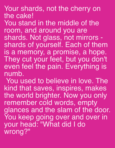 This media file is a digital image featuring text superimposed on a solid bright pink background. The text is white and arranged in a poem-like structure, spread across multiple lines. The content of the text appears to be introspective and deals with themes of self-perception, memory, pain, and lost love. There are no people, objects, or scene elements visible in the image, as the focus is entirely on the text. The setting is abstract due to the plain background. The text itself conveys a sense of emotional numbness and regret, with the concluding lines posing a question about past wrongdoings. The overall impression is one of a melancholic or reflective internal monologue.