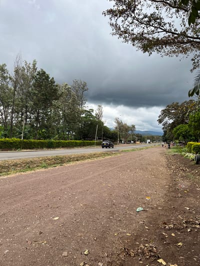 The image depicts a roadside scene in Usa River, Tanzania, under a heavily overcast sky dominated by dark, low-hanging clouds. In the foreground on the right, a wide, reddish-brown dirt path is visible, sparsely covered with dry leaves, small stones, and a crumpled green plastic bag. To the immediate left of this path, a two-lane asphalt road extends into the distance, bordered on its left by a narrow, dry grass median. A dark-colored SUV, equipped with a roof rack, is traveling away from the viewer on the paved road, positioned in the mid-ground. Further left, a continuous line of green hedges runs parallel to the road, behind which a dense arrangement of tall trees, including some banana plants, is visible. On the far right side of the road, beyond the dirt path, several individuals are observed: two pedestrians walking in the mid-distance and one person standing near a motorcycle further along the road. Distant mountains are visible on the horizon, partially obscured by atmospheric haze beneath the cloud line. The overall environment presents a peri-urban or rural roadside setting.
