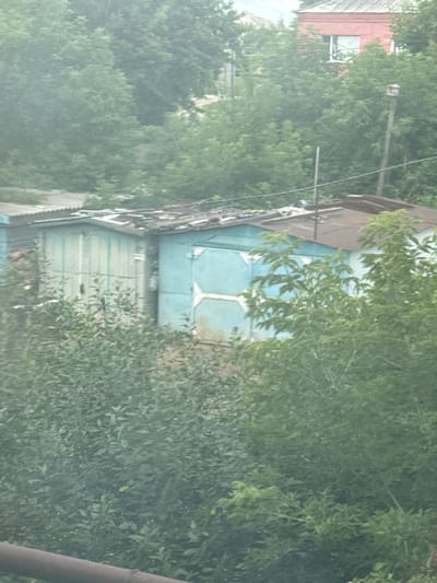 The image depicts a weathered scene with multiple garages in various states of repair, set against a backdrop of lush green trees. The garages are predominantly light blue and have corrugated metal roofs, some of which appear to be partially collapsed or covered with debris. In the upper right portion of the image, a red brick building with a white-trimmed window is visible, partially obscured by trees. A tall, thin pole with a small, birdhouse-like structure on top stands to the right of the red building, also amidst the foliage. The foreground is dominated by dense green foliage, suggesting an overgrown or naturalized area. The overall impression is one of a semi-urban or suburban environment with elements of nature encroaching on the man-made structures. The lighting suggests an overcast or hazy day. The image does not show any people or discernible activities. Based on the prompt, this scene is located in the city of Ayet, Kazakhstan.