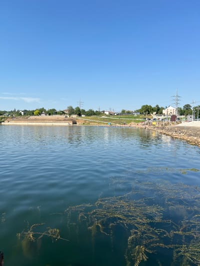 This is a medium shot of a lake on a clear day. The water is dark blue with some ripples and aquatic plants visible near the surface. In the background, there is a beach with many people swimming and sunbathing. Beyond the beach, there is a hill with trees and houses. Power lines and pylons are visible in the distance, indicating a developed area. The sky is clear and blue with no clouds. The location is identified as the city of Korzhevo, Moldova.