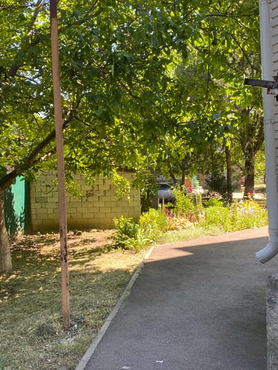 The image depicts a sun-drenched backyard scene in a suburban area, likely in the city of Zapadny, Russia, characterized by lush greenery and a laid-back atmosphere. In the foreground, a paved pathway curves gently to the right, bordered by a strip of dry grass and a concrete edge. A weathered brown pole stands vertically in the middle ground, its surface showing signs of rust and age. To the left, a part of a tree trunk is visible, casting a shadow on the mowed lawn.
Behind the pole, a low, light-colored brick wall forms the backdrop, with a section of a green metal fence to its far left. A dense canopy of green leaves from a large tree dominates the upper portion of the image, dappled with sunlight that filters through, creating a dynamic play of light and shadow. In the middle distance, a vibrant flower bed bursts with a variety of colorful blooms, ranging from reds and pinks to whites and yellows, interspersed with various green foliage. Behind the flower bed, a silver car is partially visible, parked on what appears to be another pathway or driveway. Further in the background, more trees and some structures, possibly houses or sheds with stone facades, can be seen. A white downspout is prominent on the right side of the image, attached to a building's exterior wall. The overall impression is one of a well-tended, private outdoor space on a bright, clear day.