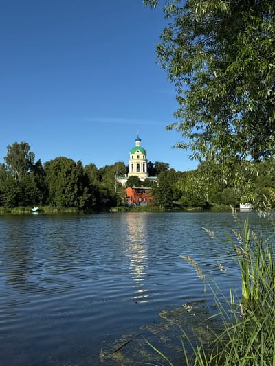 The image shows a serene body of water in the foreground, reflecting the clear blue sky and surrounding greenery. On the far bank, a distinctive yellow and green domed church stands prominently amidst a dense forest. To the left of the church, a bright orange building is visible. The water has gentle ripples and some aquatic vegetation is present, particularly along the right bank where tall reeds and grasses are growing. A small green boat is visible near the left bank. The scene is bathed in bright sunlight, suggesting a clear day. This is the monastery located in Grebnevo, Russia.