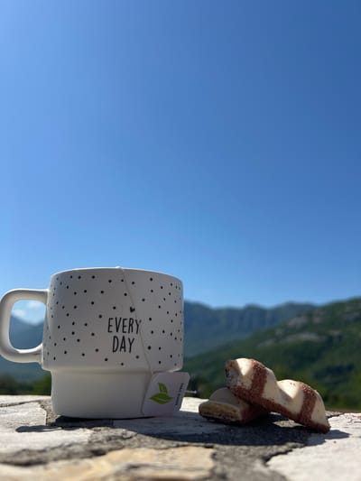 A tilted, outdoor photograph taken in Sotonići, Montenegro, depicts a white mug with black polka dots and the words "EVERY DAY" printed on it, accompanied by a partially eaten white chocolate pastry. A green teabag hangs from the mug. These items sit on a stone surface, likely a wall. In the background, there is a blurred view of mountainous terrain and a clear blue sky.
