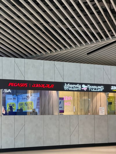 Here is a matter-of-fact description of the scene:
This image shows a vertical close-up of an advertisement or signage column in what appears to be an airport or shopping mall. The column features multiple advertisements and company logos. At the bottom, in red lettering, the text reads "PEGASUS | აიაესსი" (in Georgian script) and "SA" below. A Discovery Travel Agency ad is visible nearby with text in reverse. Above these ads are names such as "ჰენდლინგ ფლაი ლაინ" (in Georgian script) which reads "HANDLING FLY LINE." Above that, there are various other storefronts and logos, including "M12", "Bebee", and "EAN". To the left, a structural feature resembling a slatted screen or facade is visible. The environment suggests an indoor, commercial space.