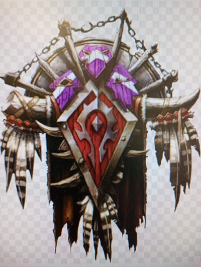 The image displays a detailed, ornate emblem or crest, likely a digital graphic photographed from a screen, evident by the visible pixel grid. The central subject is a prominent shield, featuring the iconic red and silver/white symbol of the Horde faction from World of Warcraft. This symbol is stylized, with a diamond shape at its core and angular, flowing designs extending outwards, bordered by a metallic silver-grey.
Behind the central shield, various elements contribute to a fierce, tribal aesthetic. Multiple sharp, dagger-like weapons with metallic blades and bone-like handles are arranged radially, suggesting a warlike theme. Heavy, dark metal chains are draped across the top of the emblem, connecting to unseen attachment points. On either side of the central shield, and extending below it, are elements resembling bundles of feathers, fur, or shredded fabric, in shades of white, light brown, and dark brown, accented with small red beads or bindings. Above the central shield, vibrant purple feather-like plumes or decorative elements add a striking color contrast.
The overall composition evokes a sense of strength, savagery, and tribal identity. The colors are predominantly deep reds, metallic silvers, dark browns, and purples. There is no specific activity or event depicted, as it is a static emblem. No visible text is present within the design. The background is a digital checkered pattern, indicating transparency.