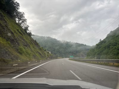 The image captures a perspective from a car driving on a highway through a mountainous, forested region in Grigalati, Georgia. The road ahead curves gently to the right, with multiple lanes clearly marked. On the left side of the road, a steep, grassy slope rises, dotted with trees. On the right, the landscape also features dense green foliage covering rolling hills, with some sections shrouded in mist. Overhead, the sky is overcast with thick, gray clouds, suggesting a possibly rainy or foggy day. Power lines are visible stretching across the sky in the distance. A green road sign is visible on the right side of the highway, indicating "Gori" and "Tbilisi," and also "Dzirula" in what appears to be Georgian script. The overall atmosphere is serene and somewhat moody due to the cloudy weather and the lush, expansive natural scenery. The focus is on the road and the surrounding environment, implying a journey or travel.