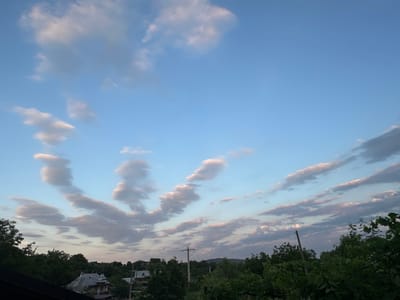 The image depicts a rural landscape at dusk, likely in Târgu Neamț, Romania. The sky dominates the frame, filled with a blend of soft blue and scattered, elongated clouds. Some clouds are wispy and illuminated by the setting sun, displaying hints of pink and orange, while others are darker and more defined.

Below the sky, a dense line of green trees forms a natural border across the middle ground. The trees are lush and varied, suggesting a summer or early autumn setting. Peeking through the foliage are rooftops of houses, indicating a small village or scattered rural dwellings nestled within the landscape. A few utility poles are also visible, hinting at the presence of infrastructure. The overall atmosphere is serene and tranquil, characteristic of a peaceful evening in the countryside. The time of day is clearly sunset or twilight, as indicated by the sky's coloration and the soft light. No people or specific objects are prominent, and there is no visible text.
