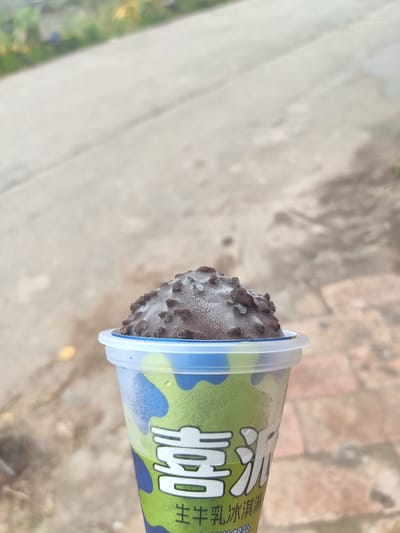 A close-up, waist-level shot shows an ice cream cup with a chocolate-covered ice cream cone. The ice cream cone is topped with what appear to be chocolate chips or nuts and a light dusting of frost or sugar. The cup has a blue and green camouflage-like pattern with white Chinese characters. The background is blurred, showing a paved surface, possibly a road or sidewalk, and some vegetation. The image was taken outdoors, with daylight lighting conditions. The overall impression is of a refreshing treat on a warm day, although the specific location within Jianyang City, China cannot be definitively determined from the visual information provided.