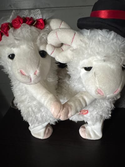 Two white stuffed sheep are positioned close together on a dark surface, possibly a table or shelf. The sheep on the left wears a lace veil adorned with small red fabric roses. The sheep on the right wears a black hat with a red ribbon band. The sheep appear to be holding hands or touching forearms. The background is a grey textured surface, possibly a wall. The image appears to be taken indoors, in the city of Proletarsky, Russia, given the context provided.