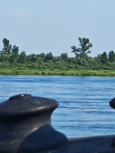 A close-up shot of a bollard on a boat, with a river and a tree-lined bank in the background. The bollard is dark and made of metal, with a rounded top. The river is blue and calm, with small ripples on the surface. The bank is covered in green trees and grass. The sky is clear and blue. The image appears to be taken on a sunny day in Верхнепашино, Russia.