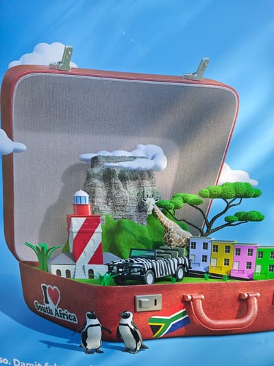 This is a digitally rendered image, not a photograph of a real scene, and therefore does not depict a location in Freiburg im Breisgau, Germany or any real-world location. The image features an open, red suitcase with a textured fabric interior, set against a bright blue sky with stylized white clouds. Inside the suitcase, a miniature diorama depicts a South African landscape.
The diorama includes a rocky mountain with more clouds around its peak, a small green island with a red and white striped lighthouse, and a safari-style vehicle with a zebra stripe pattern. A giraffe stands to the right of the vehicle, and behind it are several small, colorful, toy-like houses. A stylized green tree with round, leafy canopies is also present.
In the foreground, two penguin figurines are positioned on the open edge of the suitcase. The suitcase itself has a prominent red handle and clasps on its lid. A sticker of the South African flag is affixed to the front of the suitcase, and another sticker reads "I ❤️ South Africa" with a heart graphic. The overall aesthetic is whimsical and illustrative, suggesting a theme of travel and South African attractions.