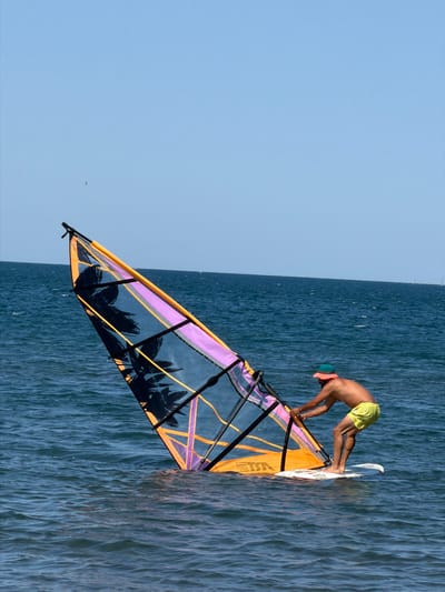 A shirtless man wearing yellow swim shorts and a teal bucket hat stands on a white surfboard, windsurfing in the dark blue ocean. The man is holding onto the boom of a large, colorful windsurfing sail. The sail is predominantly transparent with black, orange, and purple accents, featuring a black silhouette pattern that resembles leaves. The ocean is choppy under a clear, bright blue sky. In the distance, a thin line of the horizon is visible, suggesting open water. A single bird is visible in the upper left quadrant of the sky. The image is shot from a medium distance, capturing the activity on the water.