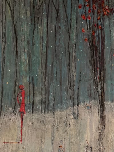 The image appears to be a painting or artwork depicting a scene with a horizontal, layered aesthetic. The left side is dominated by dark, horizontal strokes, possibly representing a body of water with some red and white dots, possibly representing small organisms or elements. On the right side, the colors shift to lighter grays and whites, possibly signifying a different environment or texture. A red human figure with a long red line stemming out is in the bottom right. The specific location in the city of Meljine, Montenegro, is not identifiable from the image alone.