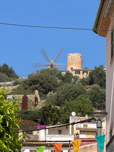 The image depicts a sunlit hillside scene in Andratx, Spain, characterized by a clear blue sky. Dominating the upper portion of the hill are a traditional stone windmill with rectangular sails and an adjacent cylindrical stone tower, both constructed from light-colored masonry. Below these structures, a building with green-shuttered windows is partially visible amongst dense green trees. The hillside itself is heavily vegetated with various trees, shrubs, and prickly pear cacti, segmented by dry-stacked stone terracing. In the mid-ground, a dark, reddish-brown, obelisk-shaped sculpture stands alongside a dark, multi-pronged metal sculpture.
In the lower and mid-foreground, elements of a town are visible. The right side of the frame shows a portion of a light-colored building with a green rain gutter and closed green shutters. Various traditional multi-story residential buildings with terracotta tiled roofs, some with brown wooden shutters, are arrayed across the mid-ground. Rooftops display satellite dishes and television antennas. A grey streetlamp is positioned on the mid-right, extending upwards from the bottom of the frame. Multiple black electrical or utility lines traverse the scene horizontally. In the bottom foreground, strung horizontally, are decorative pennant flags in shades of orange, yellow, and green, suggesting a festive or communal setting. No individuals or specific actions are discernible within the frame.