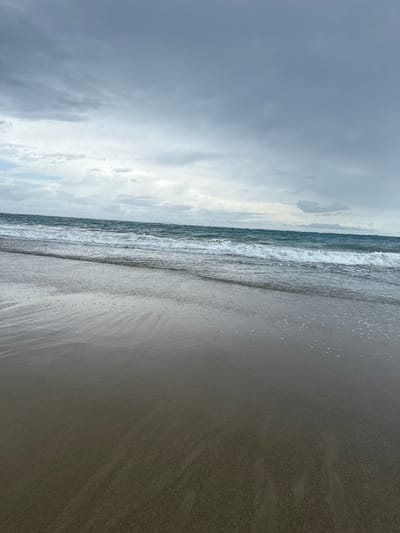 The image depicts a shoreline under an overcast sky, potentially in Cabarete, Dominican Republic. The foreground consists of a wet sandy beach. Small waves break along the shoreline, creating white foam. The water appears to be a dark greenish-blue. The sky is predominantly covered with gray and white clouds, suggesting a cloudy day. No people or objects are visible on the beach. The image is oriented vertically.