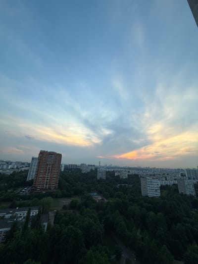 The image captures an urban landscape at dusk, with a wide expanse of sky dominating the upper portion. The sky displays a gradient of colors, transitioning from a pale blue at the top to hues of orange and yellow near the horizon, suggesting the sun is setting. Wispy clouds are scattered across the sky. Below the sky, a dense canopy of dark green trees covers much of the middle ground. Interspersed within and beyond the trees are numerous apartment buildings, characteristic of a residential urban area. One prominent building in the mid-left is a tall, orange-hued structure with numerous windows. Other buildings appear as lighter gray or white blocks, typical of Soviet-era architecture. In the distance, a hazy skyline of more buildings is visible. The overall impression is of a densely populated city with significant green spaces, viewed from a high vantage point as daylight fades. The provided context indicates the location is Borduki, Russia. There are no discernible people or specific actions depicted in the scene.