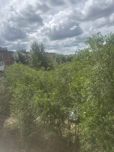 The image shows a view of buildings and trees under a cloudy sky in the city of Stepnogorsk, Kazakhstan. In the foreground, lush green trees with dense foliage dominate the scene, obscuring much of the view of the ground and lower parts of the buildings. Some branches and thinner trees are visible closer to the bottom of the frame, appearing somewhat sparse.
Behind the trees, a row of apartment buildings can be seen. These buildings appear to be made of brick and have multiple stories, with windows and balconies visible. The architecture suggests a Soviet-era construction style. The buildings are situated behind a dense layer of trees, with only their upper portions and some sections of their facades visible.
The sky above is filled with dramatic, gray clouds, indicating overcast or potentially stormy weather. Sunlight is attempting to break through in some areas, creating bright spots and highlighting the textures of the clouds.
The overall impression is an urban landscape where nature, in the form of abundant trees, has partially encroached upon or integrated with the built environment. The scene captures a moment of a cloudy day in a residential area of Stepnogorsk.