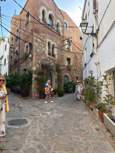 The image captures a narrow, cobblestone street in the historic center of Tossa de Mar, Spain, likely near the Vila Vella (Old Town). The architecture features old stone buildings with terracotta roofs and arched windows. On the left, a multi-story building displays a mix of rough stone and stucco, adorned with potted plants and overhead wires. A woman in a long white dress with a black floral pattern and a yellow shawl is standing in the foreground on the left, looking towards the viewer and holding a mobile phone. Further down the street, on the right side, a white building has a lamp post attached to it. The street is populated by a few individuals: a woman in a blue and white patterned dress is walking past a doorway; two women in patterned dresses and sun hats are standing near the entrance of a building, conversing. More potted plants line the street, adding greenery to the urban landscape. The sky is clear and blue, indicating a sunny day.