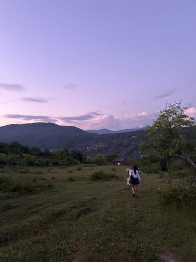 In Verkhniy Yurt, Russia, at twilight, two individuals walk across a grassy field towards a small, rustic wooden house nestled amidst rolling hills. The sky is a gradient of soft purple and pink hues, with scattered clouds tinged with light. Lush green trees and dense foliage cover the slopes of the mountains in the background, with a few scattered buildings visible on the hillsides. The foreground is a meadow dotted with small white wildflowers. The individual in front, wearing a white shirt and a dark skirt, carries a white bag and a bunch of white flowers. The second individual, also seen from behind, is dressed similarly. The scene is serene and peaceful, capturing a moment of quietude at dusk.