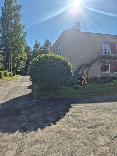 This media file captures a sun-drenched outdoor scene, likely during daytime, given the strong sun and pronounced shadows. The setting appears to be a residential area, possibly near an apartment building with a light-colored, brick-like facade. An external fire escape is visible on the side of the building.

In front of the building, a well-maintained, spherical bush dominates the foreground. To the right of the bush, a small, dark wooden structure resembling a miniature house or playhouse is situated in a grassy area. This structure is adorned with several yellow, cross-shaped objects on its roof, suggesting it might be a decorative element or part of a game. Flower beds with sparse yellow flowers and other greenery are also present.

A paved path, showing signs of wear and cracking, leads from the foreground towards the building, casting a long shadow from the bush and overhead trees. Lush green trees are visible behind the bush and to the left of the building, with some foliage extending into the frame from the top right. The sky is a clear, bright blue, with the sun creating a prominent lens flare effect and visible light rays. No people are visible in the frame. The overall mood is bright and cheerful, indicative of pleasant weather. No visible text is present.