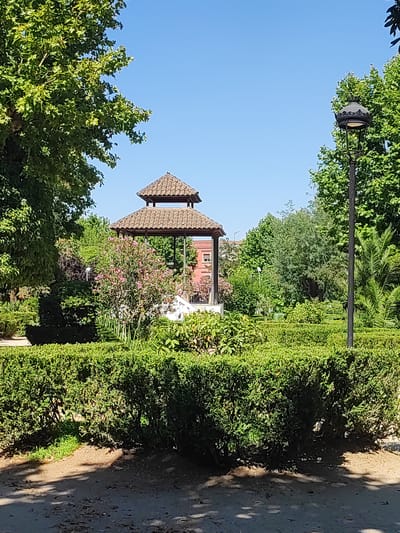 The image depicts a sunny day in a park in Valencia de Alcántara, Spain. In the center of the frame is a charming, two-tiered pagoda-style gazebo with a tiled roof, surrounded by lush greenery. In front of the gazebo, a vibrant pink flowering bush adds a splash of color. The park features meticulously maintained hedges and mature trees, casting dappled shadows on the gravel path in the foreground. A classic black lamppost stands to the right of the gazebo, hinting at the park's public nature. In the background, a building with pink facades can be seen through the trees, suggesting urban proximity. The sky is a clear, bright blue, indicative of fair weather. There are no people visible in the scene.