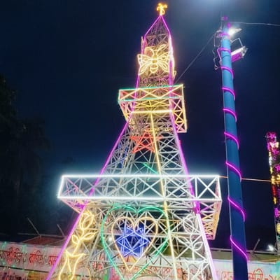 The image presents a vibrant night scene at what appears to be a fair or festival in Charfasson, Bangladesh. The central subject is a tall, intricate tower-like structure, brilliantly illuminated with a multitude of colorful LED lights. The tower's framework is a white lattice metal design.

Numerous light patterns adorn the tower: at the very top, a golden, ornate, cross-like or star-like symbol glows. Below it, a large, yellow-gold light display forms the shape of a butterfly or intricate insect. Further down the mid-section, a prominent red five-pointed star is visible. Towards the base, a large green heart outline encircles a smaller yellow heart, which in turn frames a blue Star of David design. Other abstract and geometric light patterns in pink, white, and green are spread across the tower's tiers, creating a dazzling display.

To the right of the main tower, a utility pole is visible, wrapped in spiraling pink LED lights. It also has attached floodlights and wires. The background consists of a dark night sky, with a dark mass of trees or foliage partially visible on the left side of the frame. A portion of another illuminated structure or Ferris wheel can be seen on the far right.

The scene depicts an outdoor event taking place at night, characterized by the festive and celebratory atmosphere created by the bright, artificial lights. In the bottom-left corner, a banner or sign is partially visible. The Bengali text "বাপ্পী শিল্প ও বাণিজ্য মেলা" (Bappy Shilpo O Banijyo Mela) can be clearly read, translating to "Bappy Industry and Trade Fair," indicating the type of event. The clear night sky and the prominence of the illuminations suggest fair weather conditions.