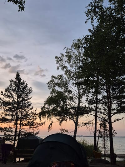 A campsite is set up near the shore of a lake at dusk. Two tents are visible, one in the foreground and another further back. Several trees, including pine and birch, surround the campsite. The sky is a gradient of pale blue and pink, with scattered clouds. The water of the lake is calm, reflecting the twilight sky. The location is the shore of Lake Zerendi in Zerendi, Kazakhstan. There are no people clearly visible in the image.