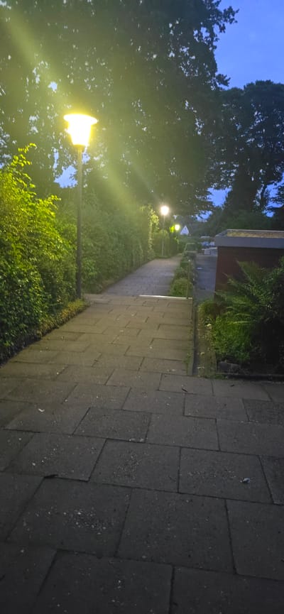 A dimly lit pathway made of dark grey concrete paving stones, some with a slightly lighter speckled pattern, leads away from the viewer. The path appears to slope gently downwards and to the right. It is bordered on the left by a dense, neatly trimmed hedge, illuminated by a tall, modern lamppost emitting a bright yellow light. The lamppost is dark grey and has a conical shade. Further down the path, to the right and slightly further away, another lamppost is visible, also emitting a yellow glow. Beyond the hedges and lampposts, the scene is dominated by the dark silhouettes of trees against a darkening blue sky. To the right of the path, a low, red-brick building with a dark, flat roof and dense green foliage in front of it is visible. Cars are parked in the distance beyond the building. The image appears to have been taken in the evening or early morning. The location is a residential area in Seevetal, Germany, likely a park or communal pathway within a housing estate.