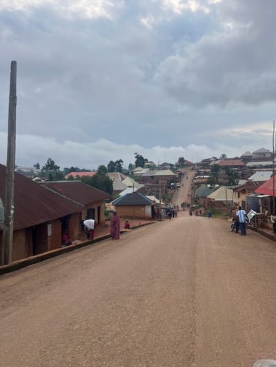 This image captures a street scene in Gembu, Nigeria, under a cloudy sky. The perspective is from a high angle, looking down a dusty, reddish-brown road lined with buildings. The architecture is varied, with many structures featuring corrugated metal roofs, some rusted and others appearing newer. Some buildings are multi-story, while others are single-story structures.
Several people are visible in the scene. On the right side of the road, near the foreground, a person in a maroon garment is standing, and further down, a person in a white shirt and red bottoms is kneeling or sitting. There are other individuals in the background, some on motorcycles and others walking. The presence of numerous motorcycles suggests a common mode of transportation in this area.
The overall atmosphere appears to be that of a typical day in a bustling community. The cloudy weather suggests it might be overcast, potentially before or after rain. The time of day is difficult to ascertain precisely, but the lighting doesn't indicate harsh sunlight. The scene depicts a lived-in environment, with everyday activities taking place on the street. There is no visible text in the image.