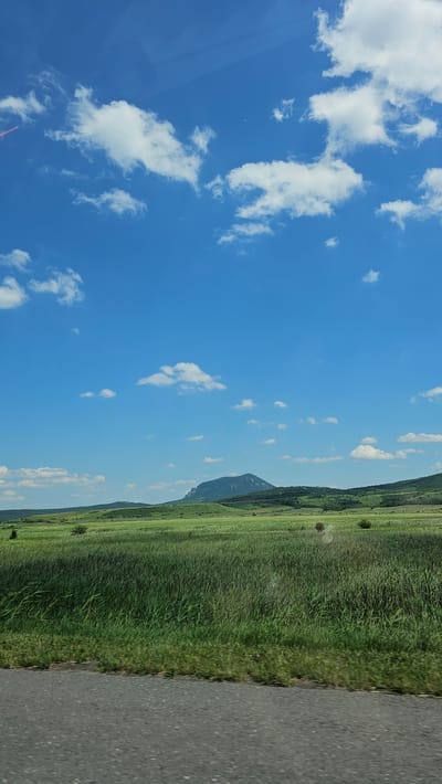 The image displays a vast, open landscape under a bright blue sky dotted with fluffy white clouds. The foreground features a grey asphalt road, partially visible at the bottom, suggesting it's a roadside view. Beyond the road, a dense field of tall, green grass stretches out, its texture suggesting it might be a meadow or farmland. In the middle ground, rolling green hills are covered in similar lush vegetation. Prominently in the distance, a solitary, rounded mountain with a rugged, rocky peak dominates the horizon. The overall environment is natural and rural, with no visible signs of urban development or human activity beyond the road. The sky is clear and expansive, indicating good weather. The scene is likely situated in a region with significant natural topography, such as the area around Zheleznovodskii, Russia, known for its mountainous terrain and natural parks.