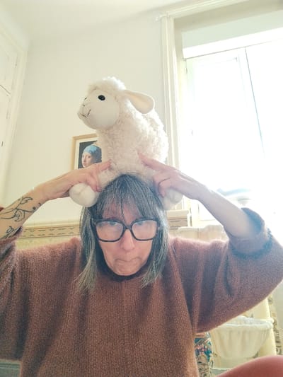 The image depicts an indoor scene in Montélimar, France. An adult individual with shoulder-length, grey-streaked hair and dark-framed eyeglasses is positioned centrally, gazing directly at the camera with a neutral expression. The individual wears a loose-fitting, rust-brown knitted sweater and has a visible dark, swirling floral tattoo on their left forearm. A light-colored, fluffy stuffed sheep toy with black eyes rests on the individual's head, held in place by their raised hands, which are positioned on either side of the toy's base. The background features a light-colored wall with a decorative tiled or patterned border running horizontally. A framed picture of Johannes Vermeer's "Girl with a Pearl Earring" is visible on the wall behind the stuffed toy. To the right, a large window emits bright daylight, partially illuminating a multi-tiered cat tree below. A portion of a white door or cabinet is visible in the upper left background.