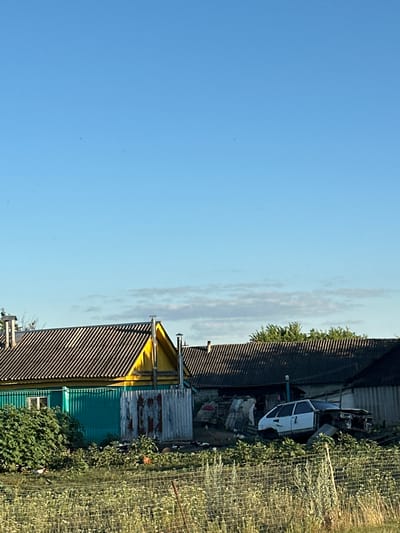 This image depicts a rural scene in Mikhaylovskiy, Russia, under a clear blue sky with scattered clouds. In the foreground, a wire fence encloses an overgrown area with various plants and some indistinct objects. Behind the fence, a white car, appearing to be in a state of disrepair, is partially obscured by dense green foliage. Further back, a long, dark-colored building with a corrugated roof runs horizontally across the frame. To the left, a brightly colored building with a yellow upper section and a teal lower section is visible, featuring a striped, dark-colored roof. Adjacent to this structure is a section of rusty, corrugated metal sheeting. The overall impression is one of a somewhat neglected yard in a rural settlement.